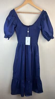 Hill House Sz S Navy Blue Louisa Nap Dress Smocked Short Sleeve Ruffle Midi
